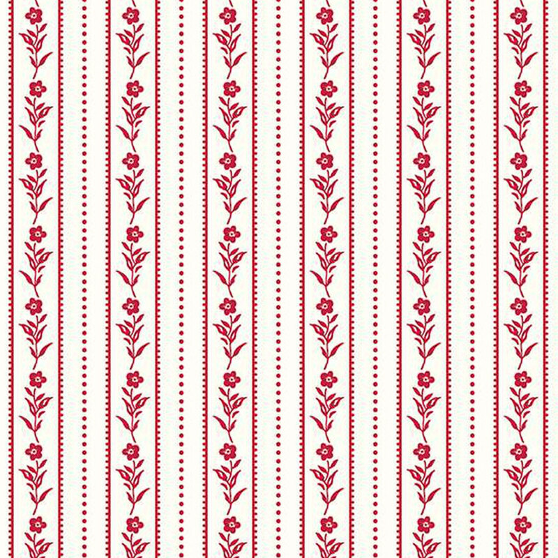 white fabric with red vertical lines of flowers, dotted lines, and stripes