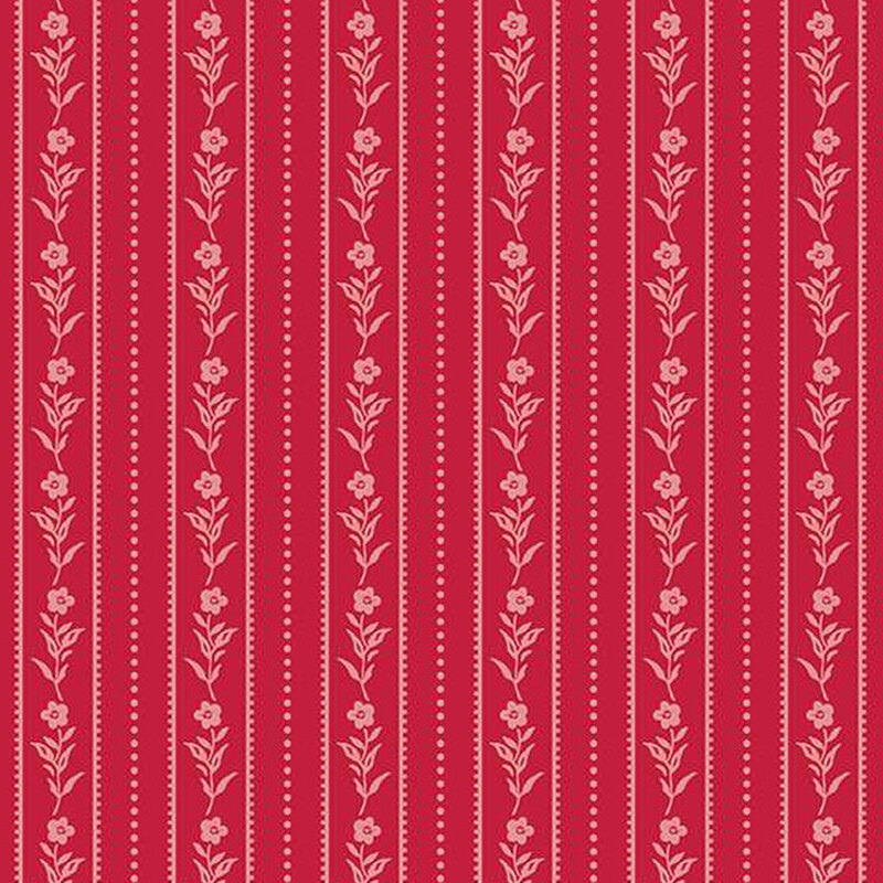 tonal red fabric with vertical lines of flowers, dotted lines, and stripes