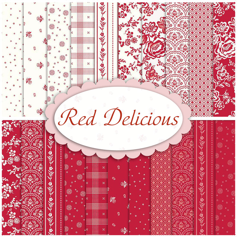 collage of the fabrics in the Red Delicious 21 FQ set in shades of red and white
