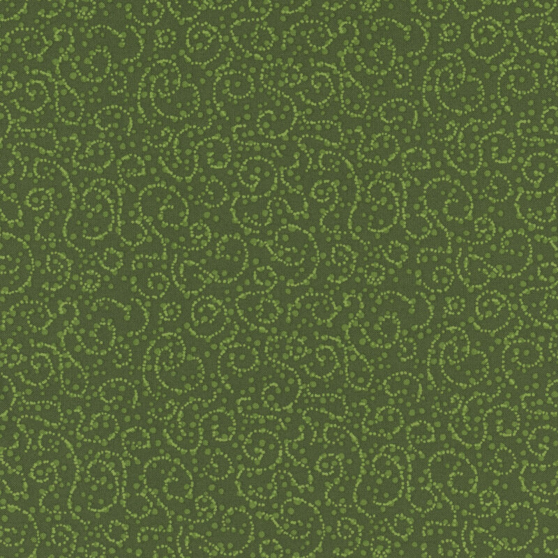 green fabric with tonal dotted swirls on a polka dotted background