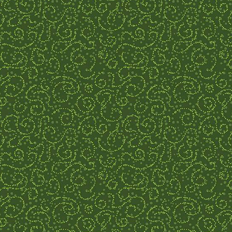 green fabric with tonal dotted swirls on a polka dotted background