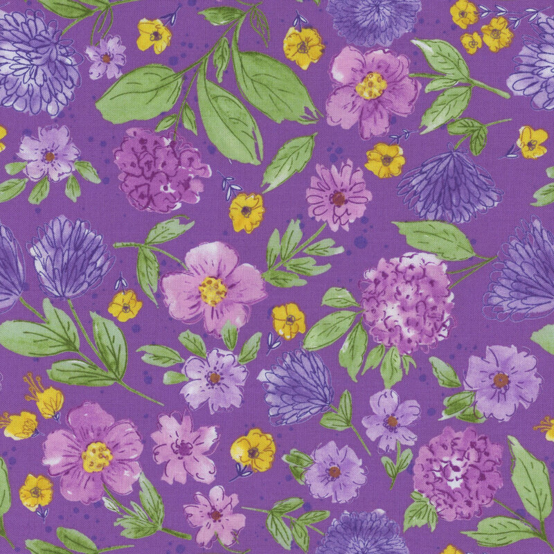 purple fabric with varied large purple and yellow flowers