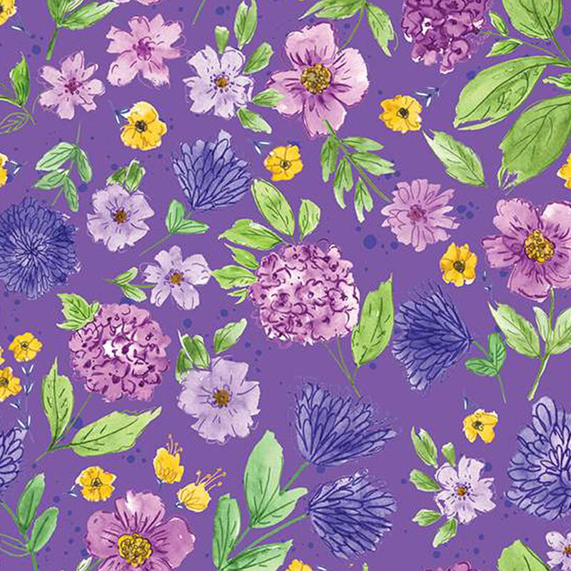 purple fabric with varied large purple and yellow flowers
