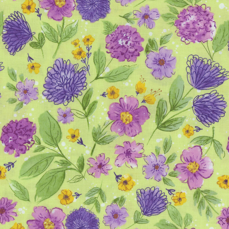 green fabric with varied large purple and yellow flowers