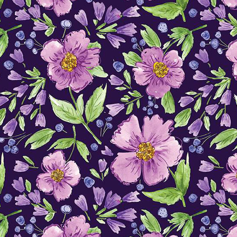 dark purple fabric with large purple flowers open and also closed in blossoms