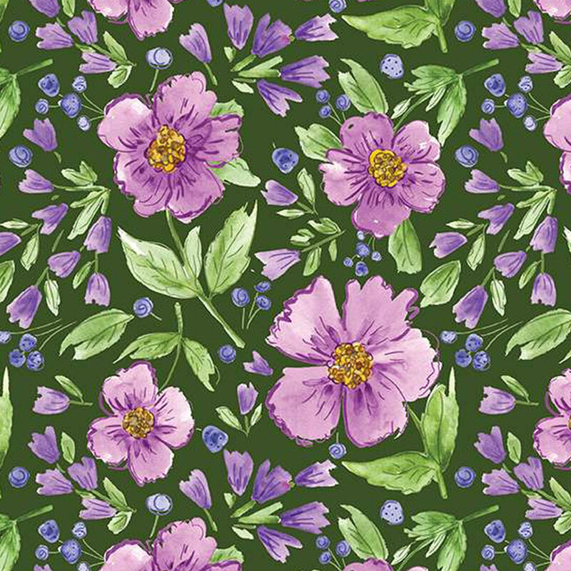 forest green fabric with large purple flowers open and also closed in blossoms