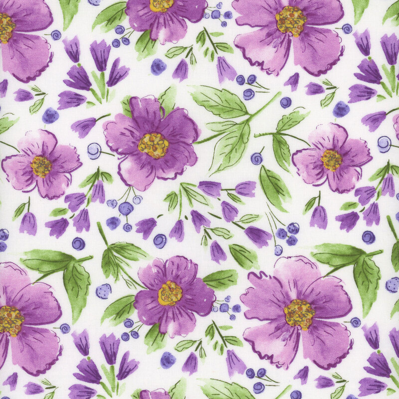 white fabric with large purple flowers open and also closed in blossoms