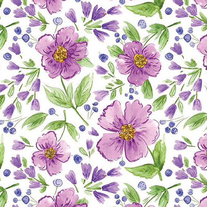 white fabric with large purple flowers open and also closed in blossoms
