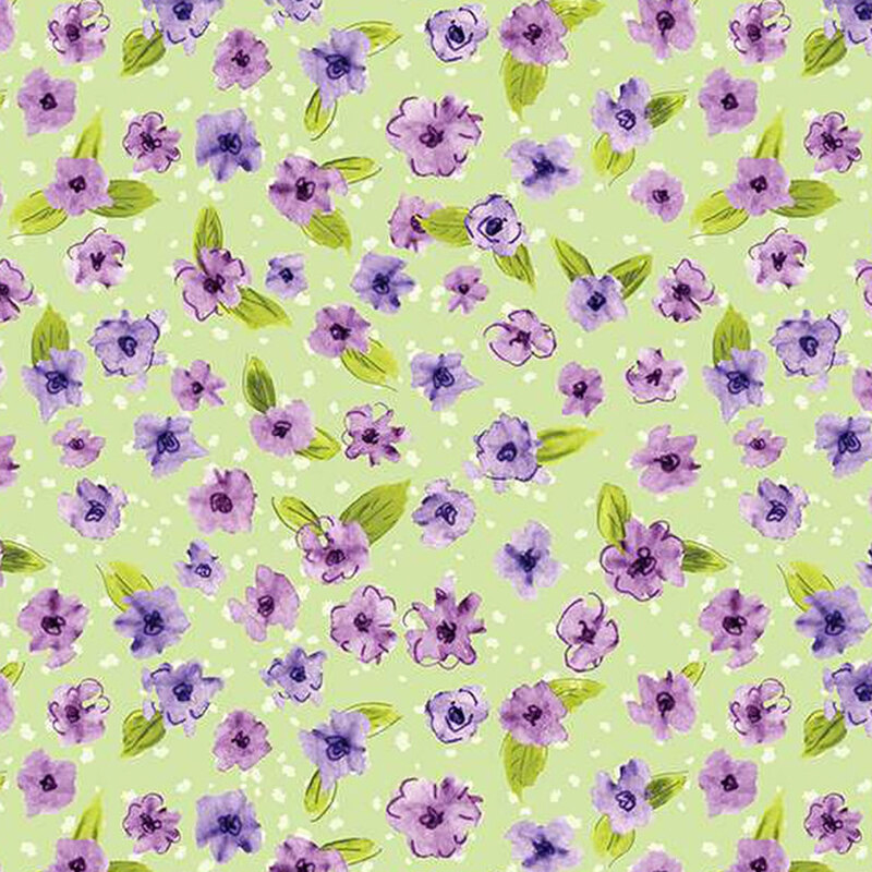 green fabric featuring purple flowers with leaves and small white splotches in the background