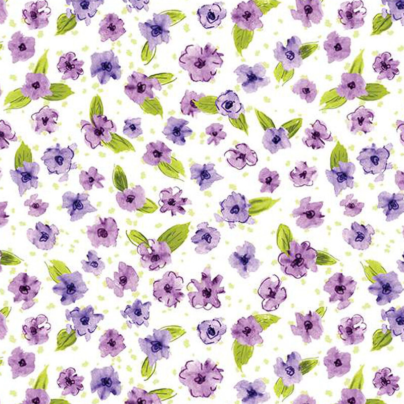 white fabric featuring purple flowers with leaves and small green splotches in the background