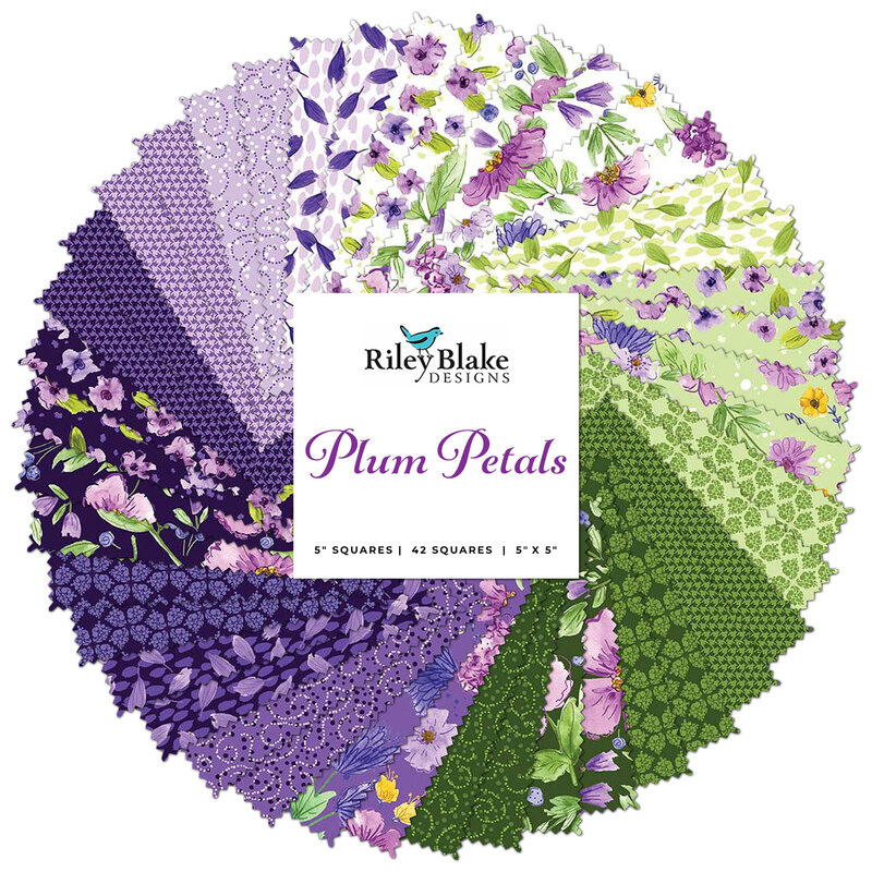 spiral collage of the fabrics in the Plum Petals 5