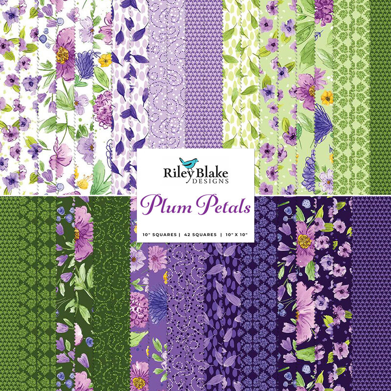 collage of the fabrics in the Plum Petals 10