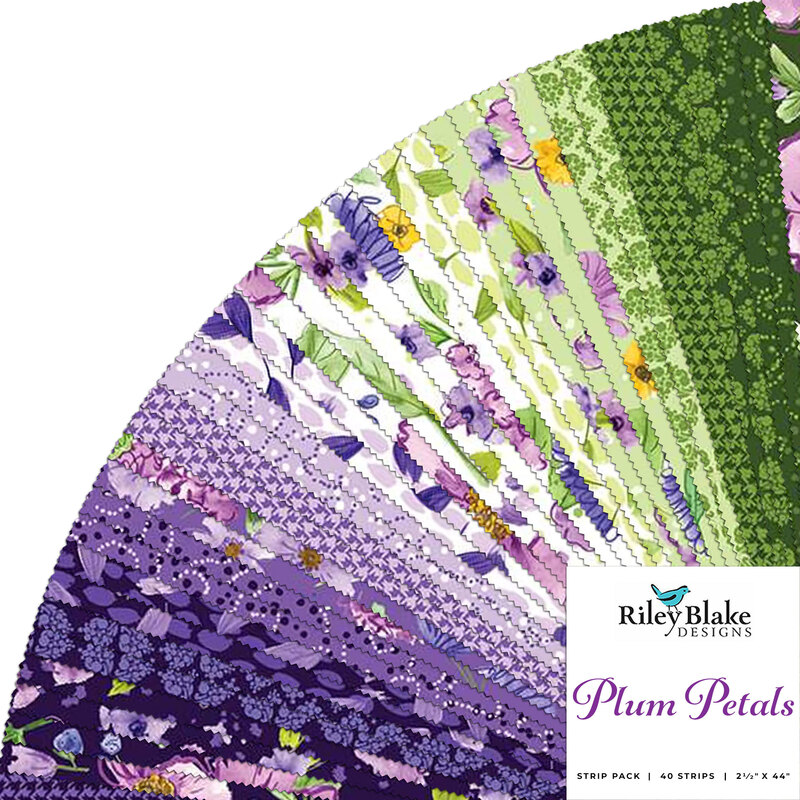 collage of the fabrics in the Plum Petals rolie polie in shades of purple, green, and white
