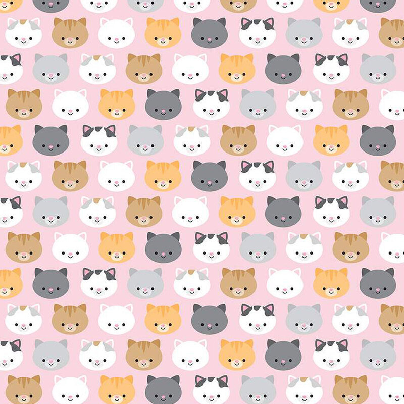 pink fabric with colorful orange, black, gray, and white cat faces all over