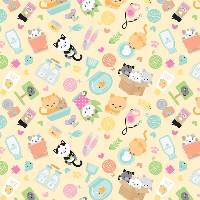 pastel yellow fabric with tossed cats, hearts, and other household items