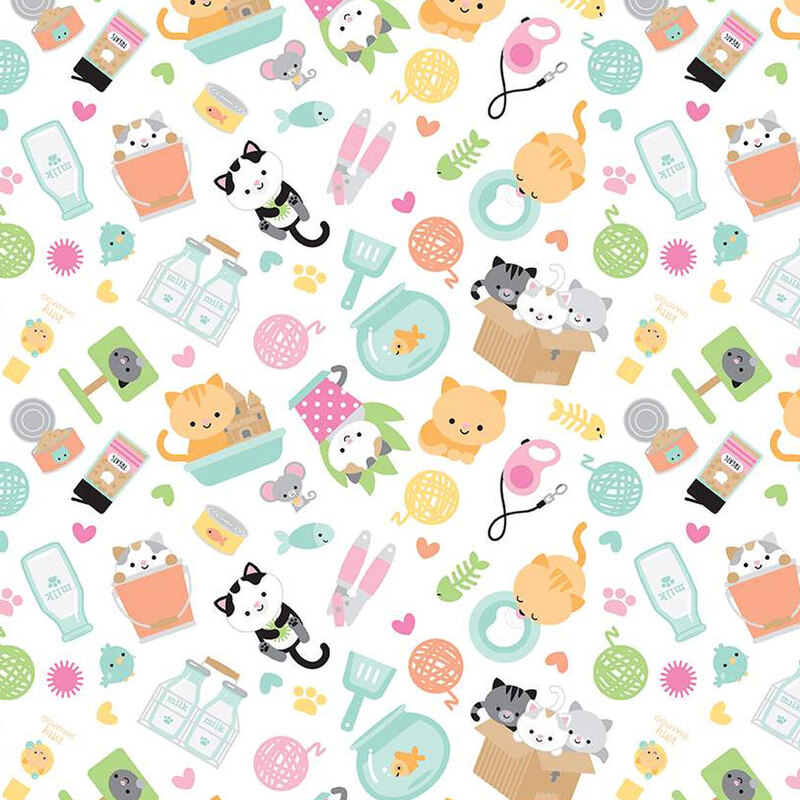 white sewing fabric with tossed cats, gold fish, hearts, and other household items