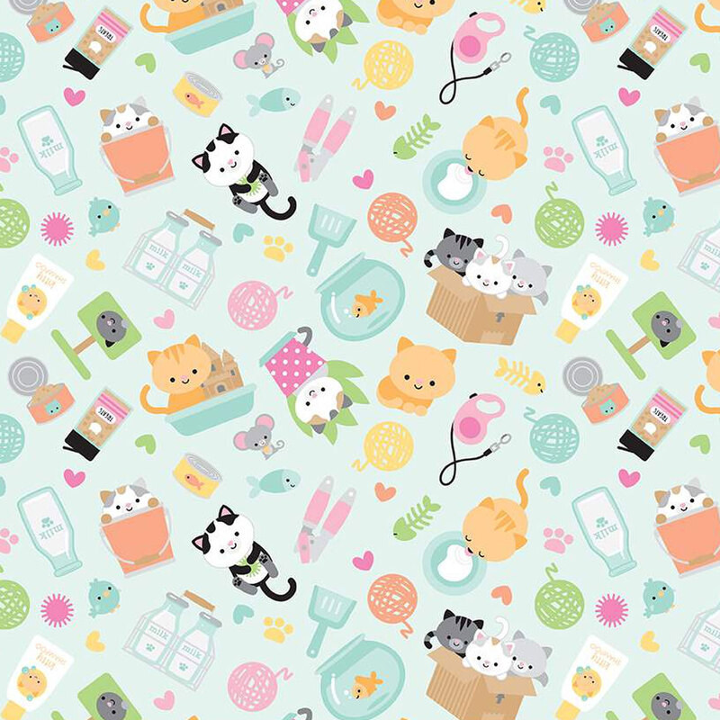 bright aqua sewing fabric with tossed cats, gold fish, and other household items