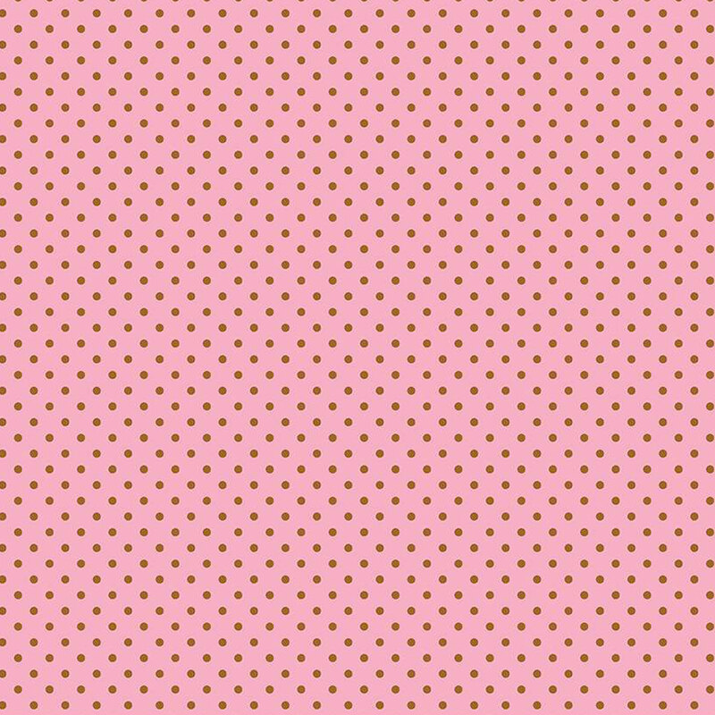 pastel pink fabric with small brown polka dots all over