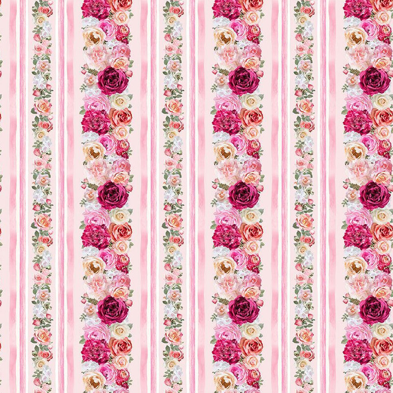 Border stripe fabric featuring pink stripes and roses