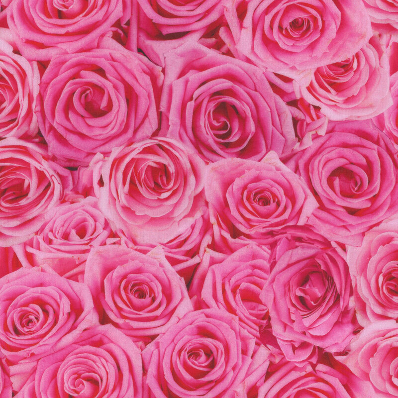 Pink fabric featuring packed roses