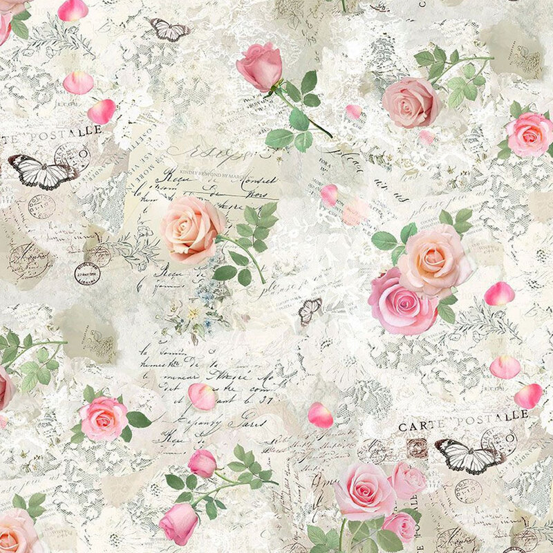 White floral pattern digital print featuring a paper background with text and butterflies