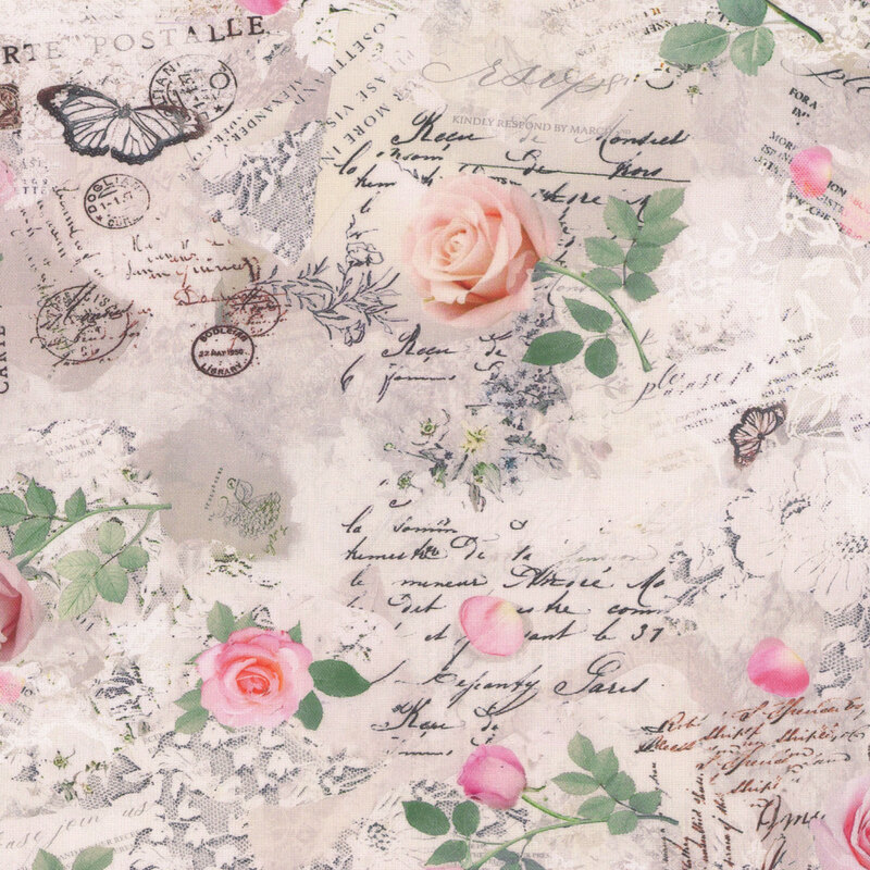White fabric featuring a paper background with text and butterflies