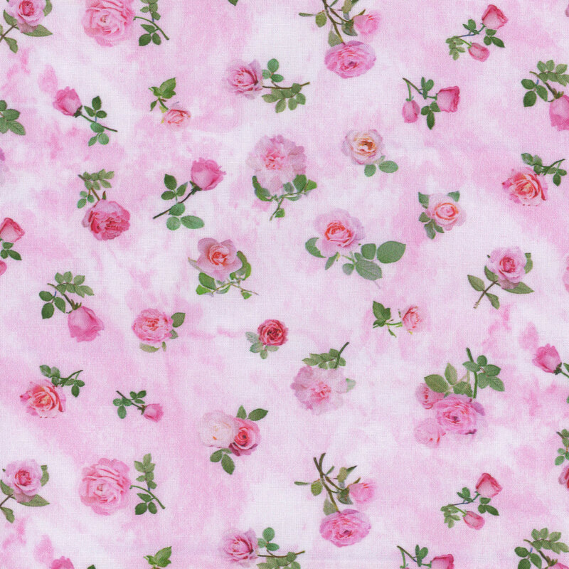 Pink mottled fabric tossed with pink roses