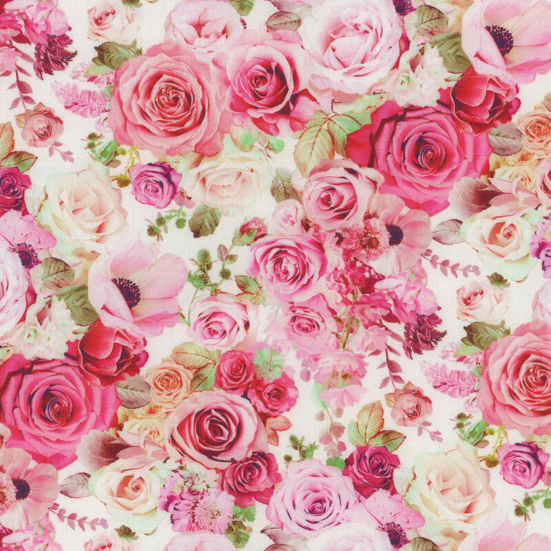 White fabric featuring pink roses