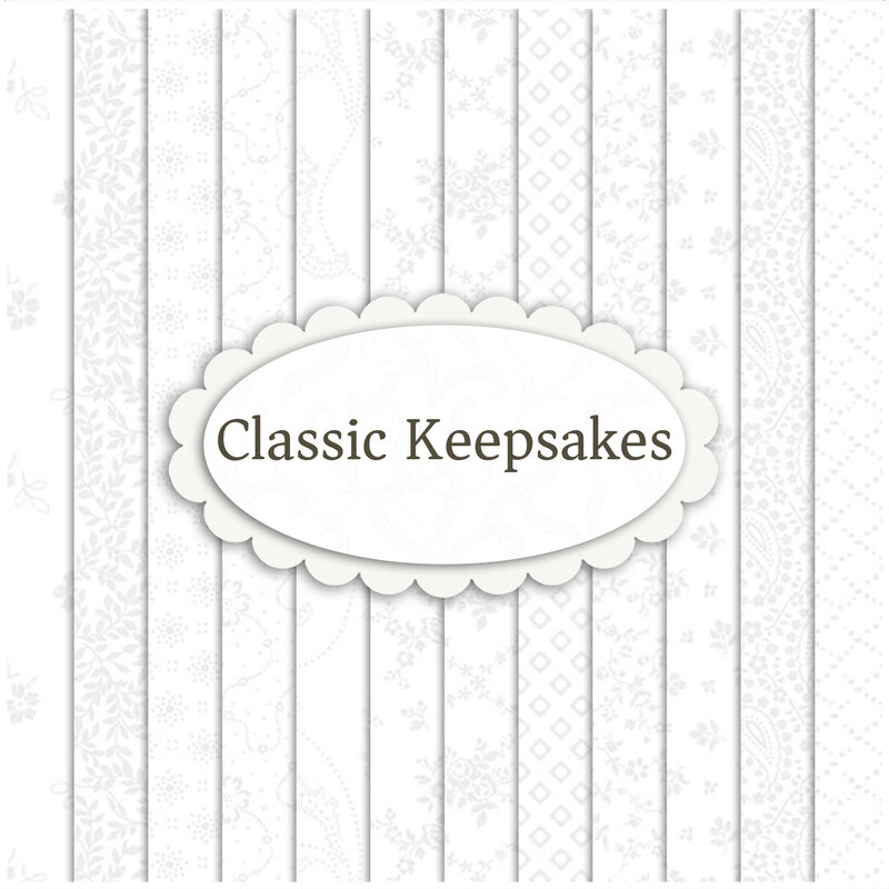 collage of all the white-on-white fabrics in Classic Keepsakes FQ set