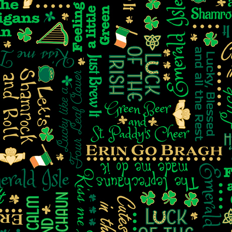 Black fabric with green and tan St. Paddy's Day phrases, flags, harps, and shamrocks