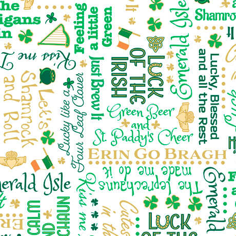 White fabric with green and tan St. Patrick's Day phrases, small flags, harps, and shamrocks