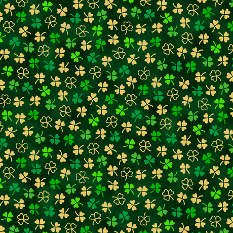 Dark green mottled fabric with small green and tan ditsy shamrocks throughout