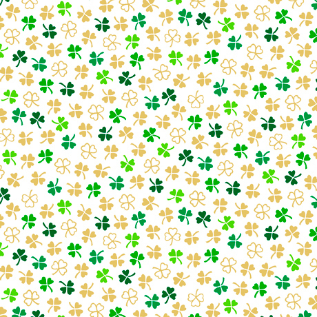 White fabric with small green and tan ditsy shamrocks throughout
