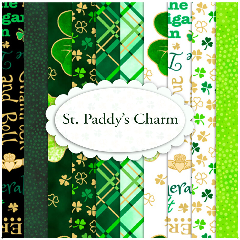 A collage of vertical strips of white and green fabrics with St. Patrick's Day motifs and a 