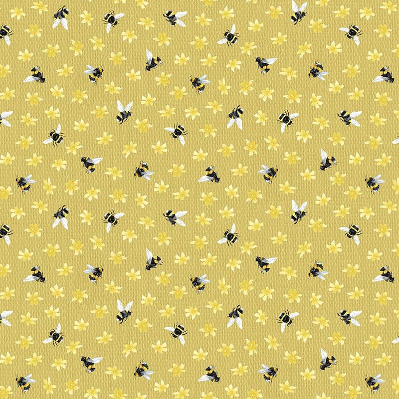 Yellow fabric with a floral and ditzy bee pattern 