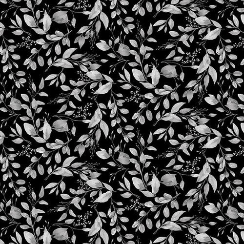 Black fabric with a grey leaf pattern