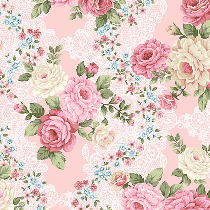 Pink fabric with a multicolored rose pattern