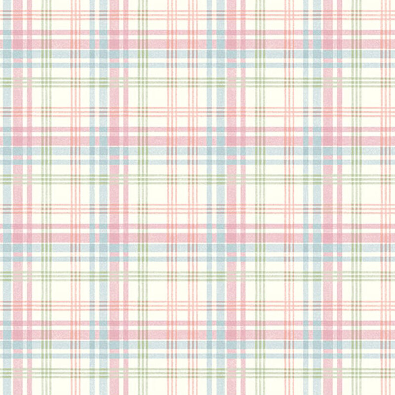 Pastel cream fabric with a blue, green, and pink plaid pattern.
