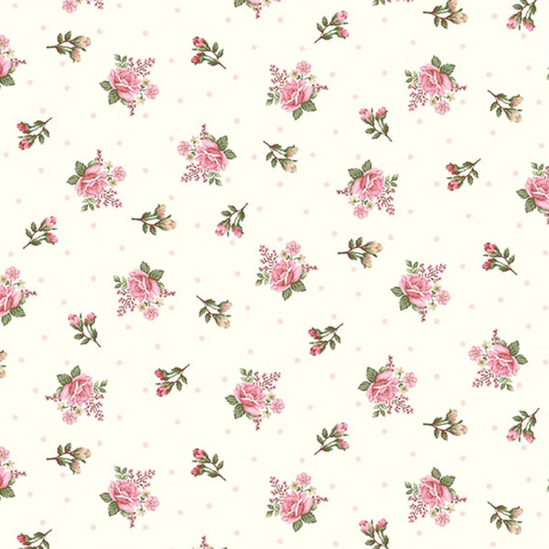 Cream fabric with pink polka dots and a ditzy rose pattern. 