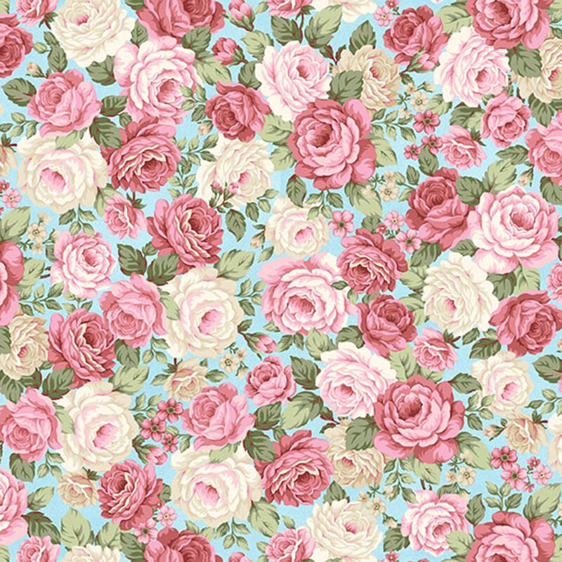 Light blue fabric with a multicolored rose pattern