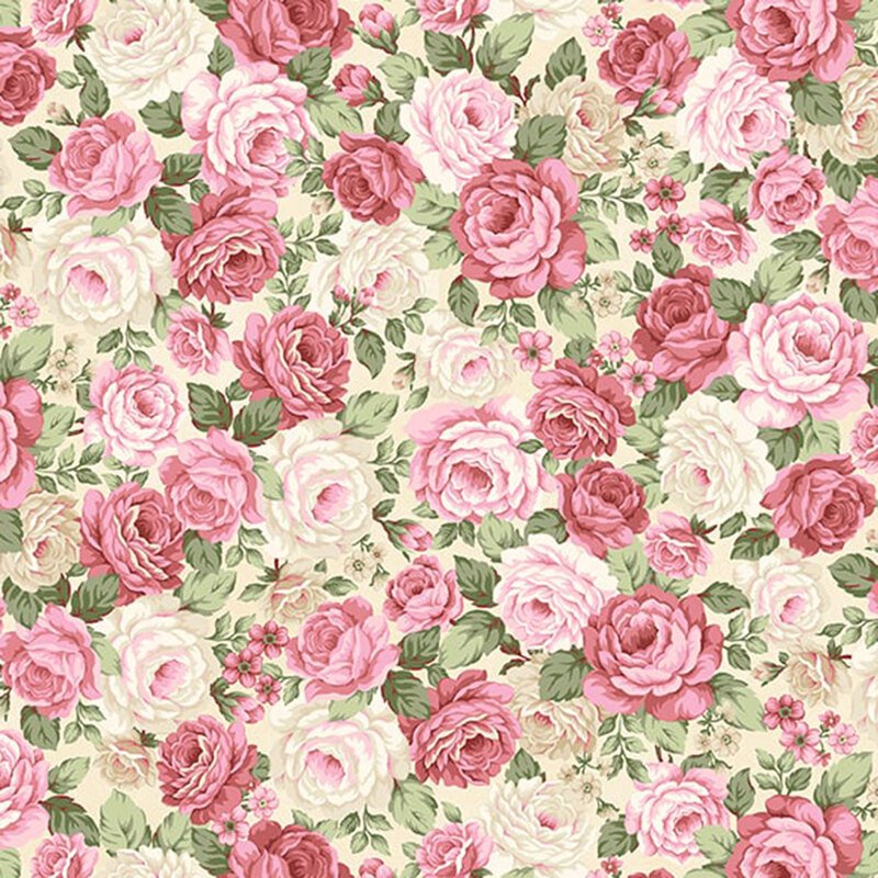 Cream fabric with a multicolored rose pattern.