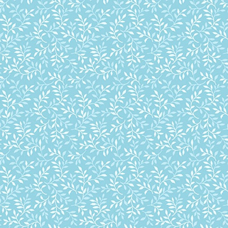 Light blue fabric with a tonal leaf pattern.