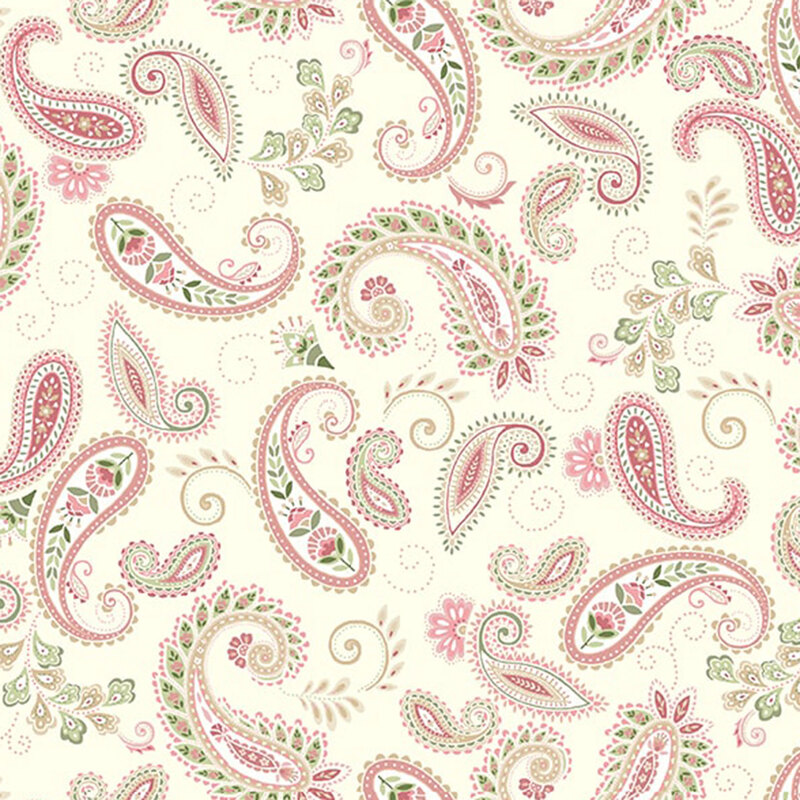 cream fabric with a floral pink and green paisley pattern. 