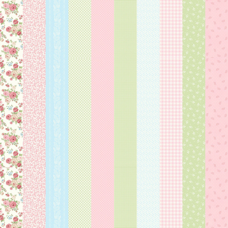 Pastel fabric with stripes that feature a collage of other fabrics in this collection