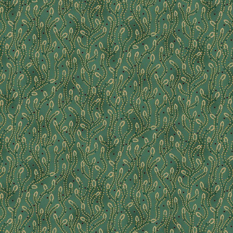 Teal mottled fabric with a vine pattern