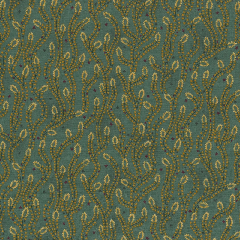 Teal mottled fabric with a vine pattern