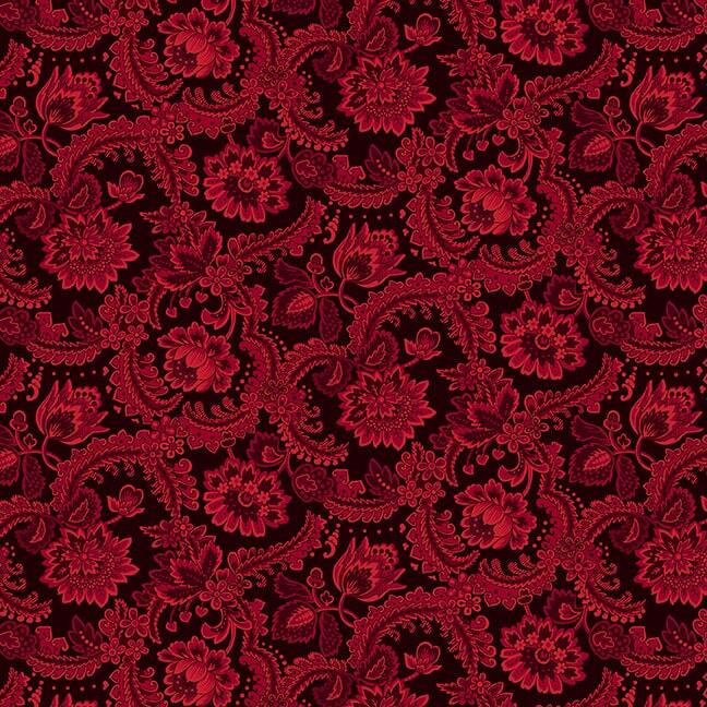 Black fabric with a red floral pattern 