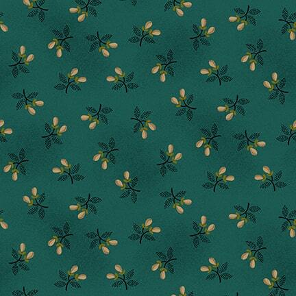 Mottled blue fabric with a ditzy pear pattern 