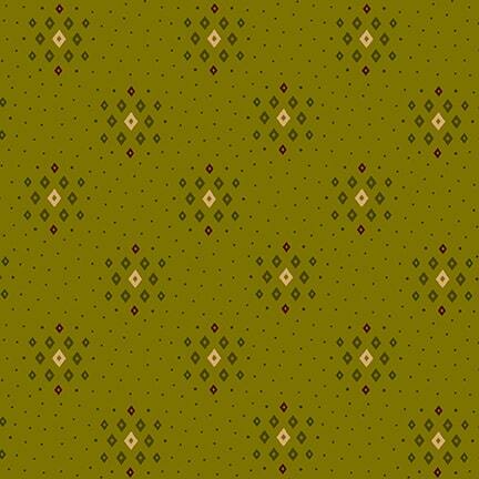 Green fabric with a geometric diamond and dot pattern 
