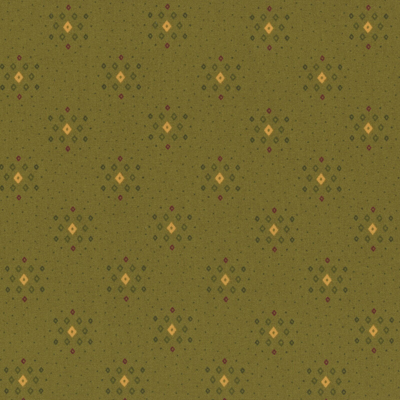 Green fabric with a geometric diamond and dot pattern 